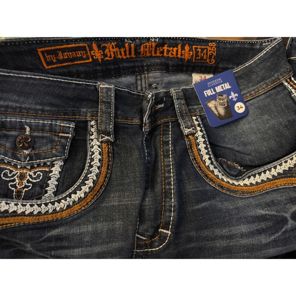Full Metal by Jovany Jeans Mens 34x30 Dark Wash Embroidered NWT